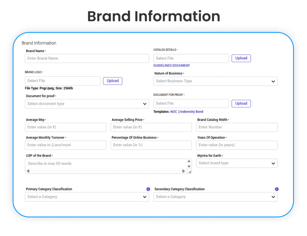 brand info, global websters, myntra registration form, myntra onboarding 
