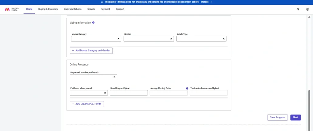 Sizing Information, how to sell on myntra, myntra dashboard screenshot