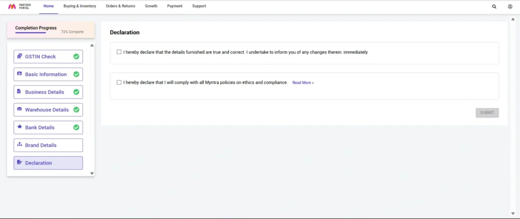 Declaration and Submission, How to sell on myntra, Myntra Dashboard Screenshot