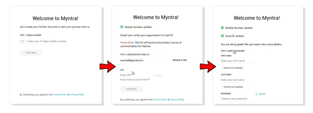 Create Your Account, Contact Details, myntra dashboard screenshot