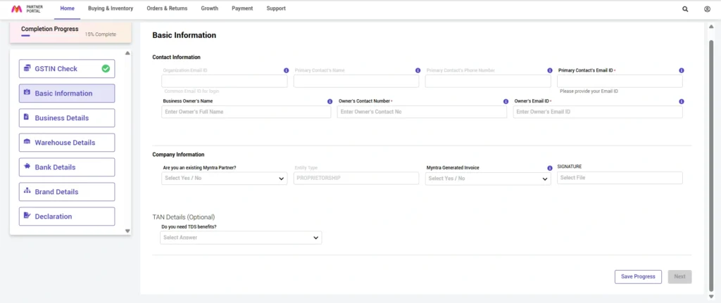 Fill Basic Information, myntra dashboard screenshot