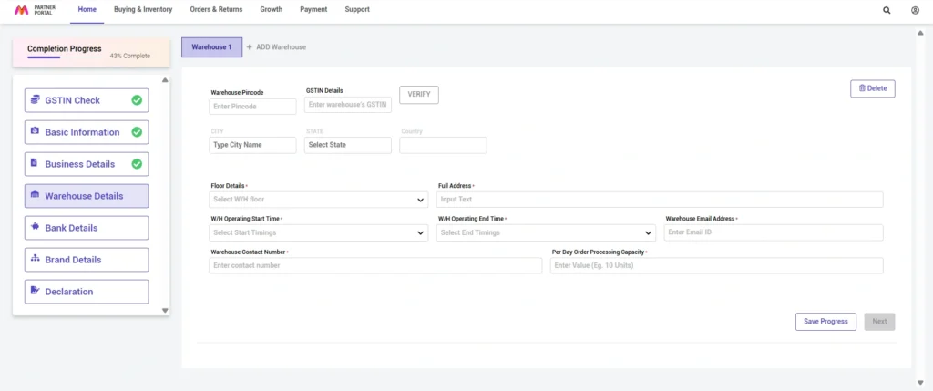 Add Warehouse Details, how to sell on myntra, myntra dashboard screenshot