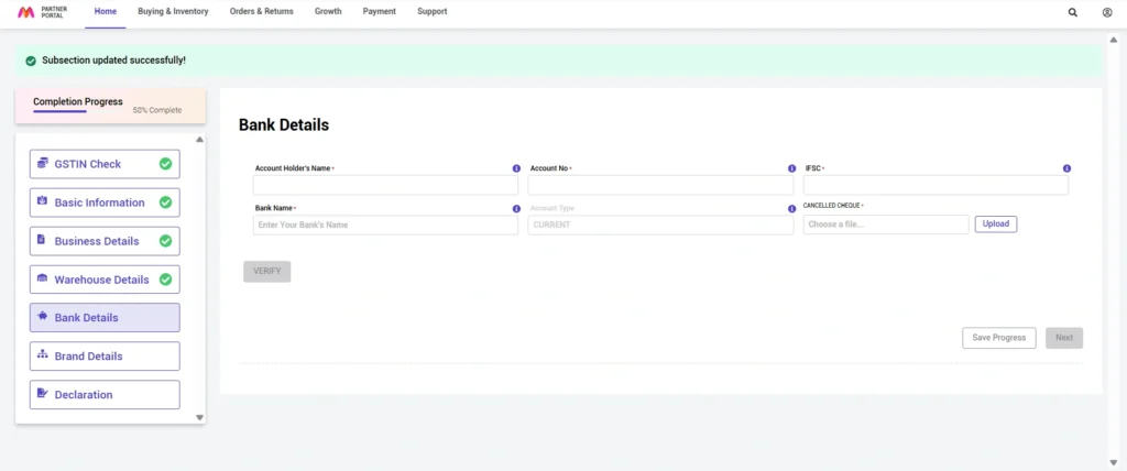 Fill Bank Details, global websters, how to sell on myntra, myntra dashboard screenshot