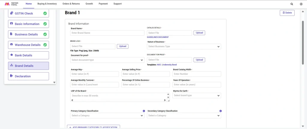 Complete Brand Details Tab, myntra dashboard screenshot