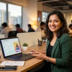 A professional woman specialist in a Global Websters Noida office, managing fashion retail ads on a laptop. The screen shows a modern dashboard titled 'Myntra Ads in 2026' with a visible Myntra logo on an office TV.
