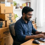 An Indian e-commerce seller managing Amazon Prime Day inventory and shipping strategy on his laptop.