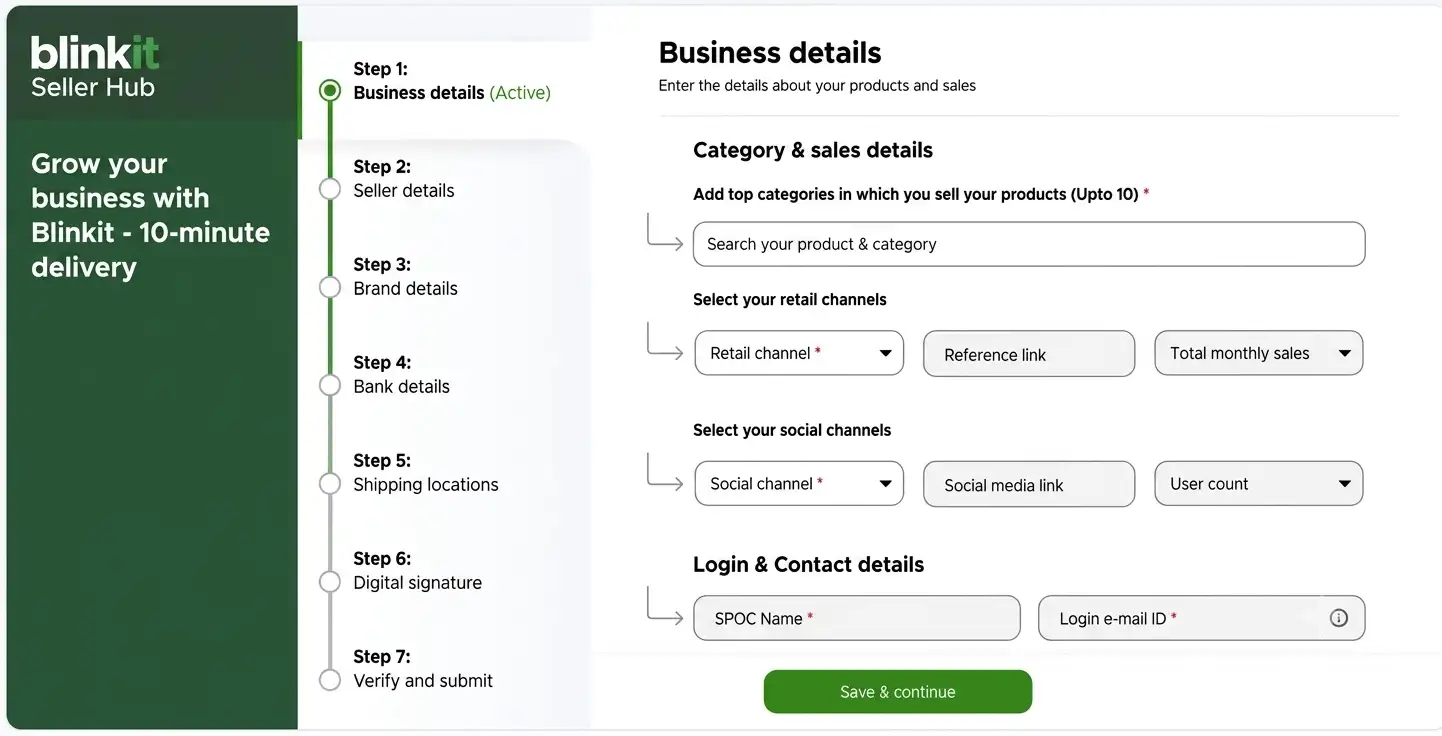 Blinkit seller registration onboarding process showing the business details form on Blinkit partner portal.