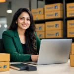 An Indian female seller working on a laptop surrounded by Flipkart delivery boxes, managing PLA and PCA sponsored advertising campaigns.